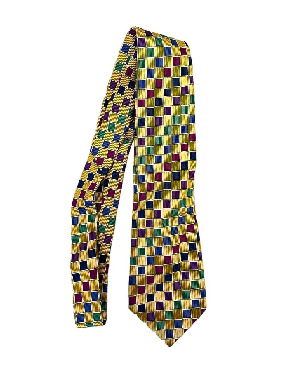 NEW Turnbull & Asser London 100% Silk Tie Yellow Geometric Checkered Design